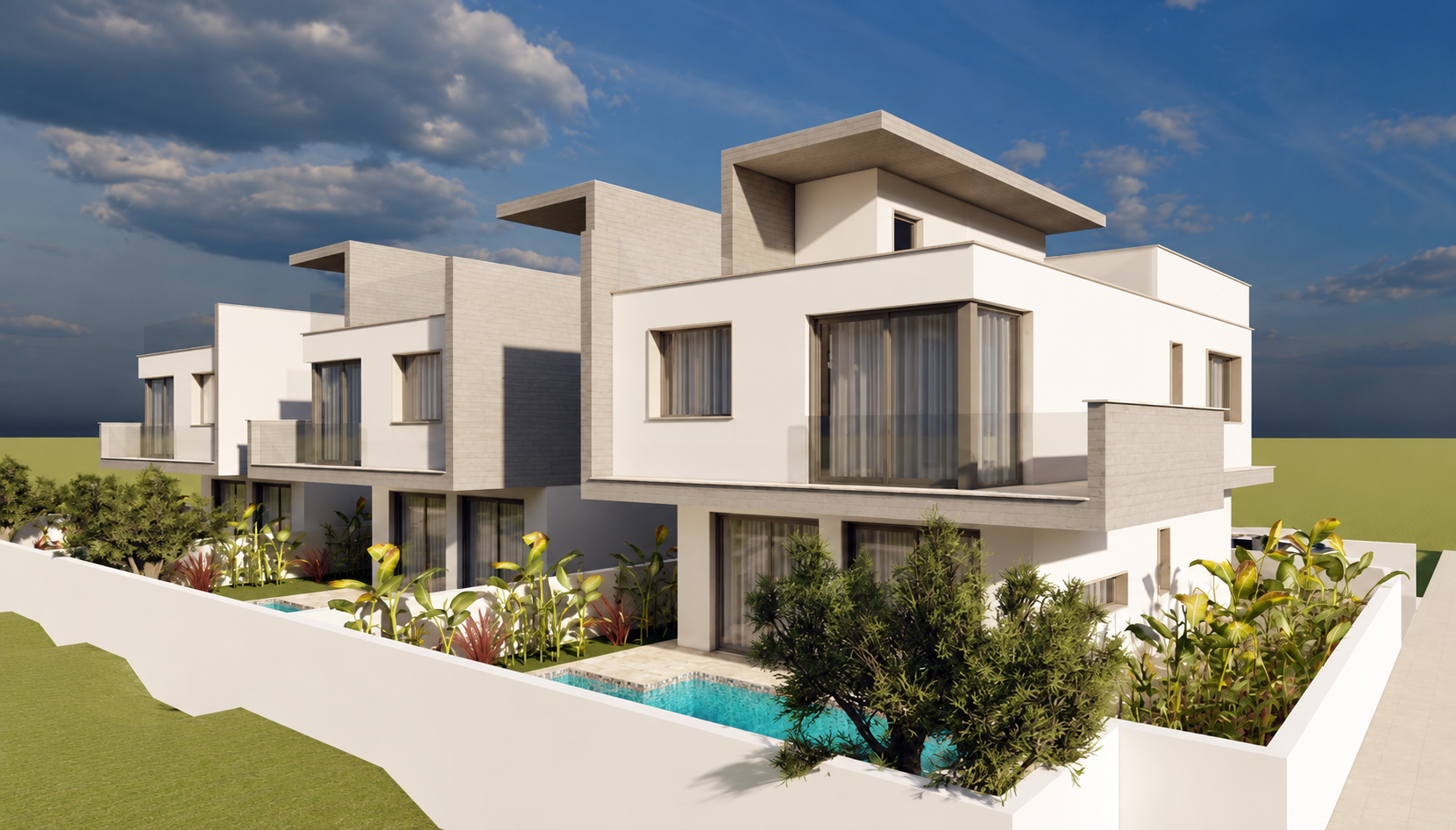 Architectural visualization: Contemporary villa exterior at sunset